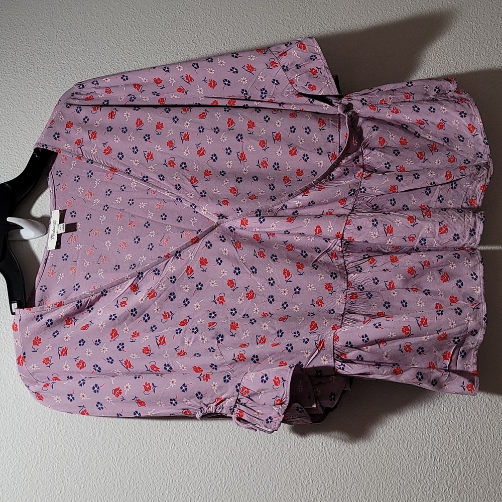 MADEWELL FLORAL PURPLE SUMMER SIZE 14 SHORT SLEEVE WRAP TOP SHIRT BOHO BLOUSE